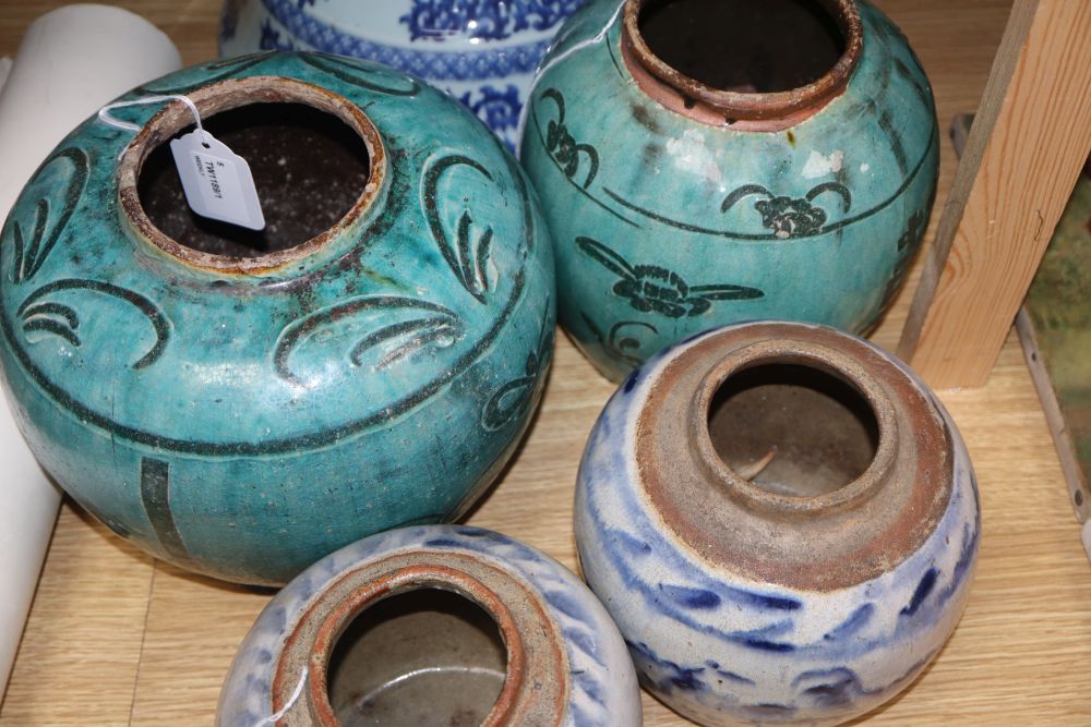 Two Chinese Provincial-style bulbous turquoise-glazed incised ginger jars and three other items,